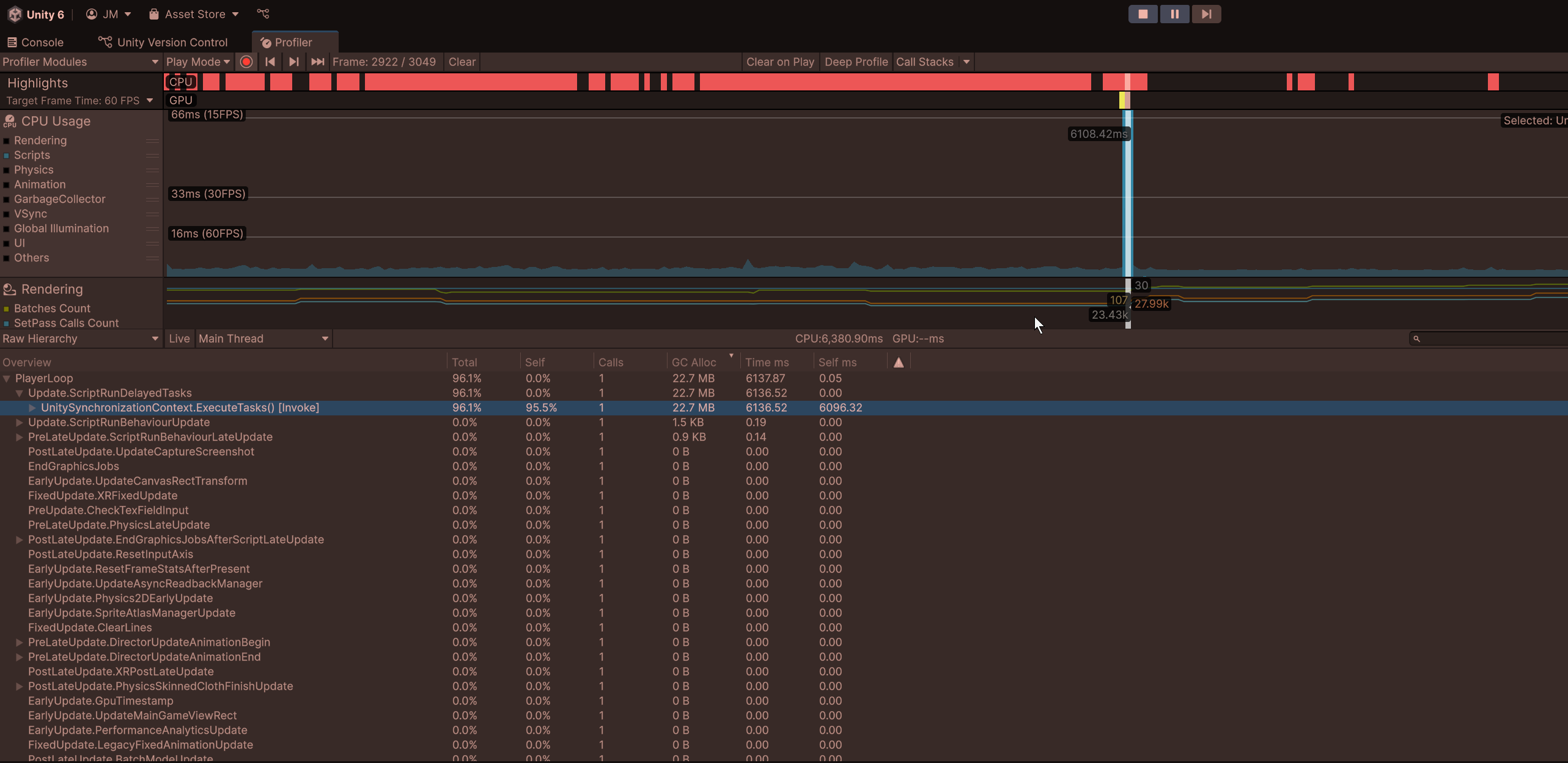 Unity Profiler showing performance bottlenecks and GC spikes